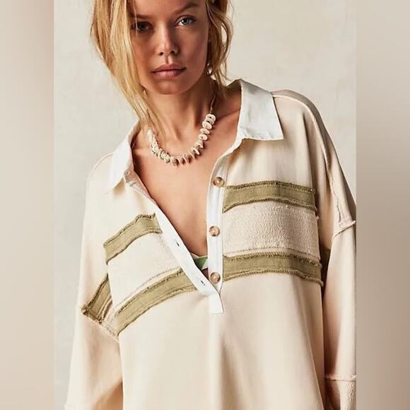 NWT Free People Blair Sweatshirt Top In Oatmeal Combo Size Large - Picture 3 of 9